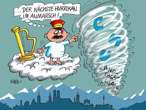 Cartoon: Hurrikan (medium) by RABE tagged markus,söder,csu,bayern,münchen,landesvorsitzender,horst,seehofer,merkel,cdu,union,streit,unionstreit,asylstreit,ultimatum,grenze,zurückweisung,flüchtlinge,grenzkontrollen,landtagswahlen,afd,grüne,spd,fdp,hurrikan,wahlergebnis,wählerumfragen,katastrophe,wahldebakel,bayernwahl,wolke,himmel,skyline,aloisius,harfe,münchner,markus,söder,csu,bayern,münchen,landesvorsitzender,horst,seehofer,merkel,cdu,union,streit,unionstreit,asylstreit,ultimatum,grenze,zurückweisung,flüchtlinge,grenzkontrollen,landtagswahlen,afd,grüne,spd,fdp,hurrikan,wahlergebnis,wählerumfragen,katastrophe,wahldebakel,bayernwahl,wolke,himmel,skyline,aloisius,harfe,münchner