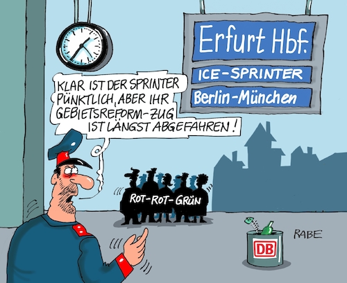 Cartoon: ICE Berlin München (medium) by RABE tagged gebietsreform,thüringen,innenminister,poppenhäger,rücktritt,rabe,ralf,böhme,cartoon,karikatur,pressezeichnung,farbcartoon,tagescartoon,spd,hut,scherbenhaufen,scheitern,rot,grün,ice,strecke,berlin,münchen,einweihung,halt,erfurt,landesregierung,bahnsteig,gebietsreform,thüringen,innenminister,poppenhäger,rücktritt,rabe,ralf,böhme,cartoon,karikatur,pressezeichnung,farbcartoon,tagescartoon,spd,hut,scherbenhaufen,scheitern,rot,grün,ice,strecke,berlin,münchen,einweihung,halt,erfurt,landesregierung,bahnsteig