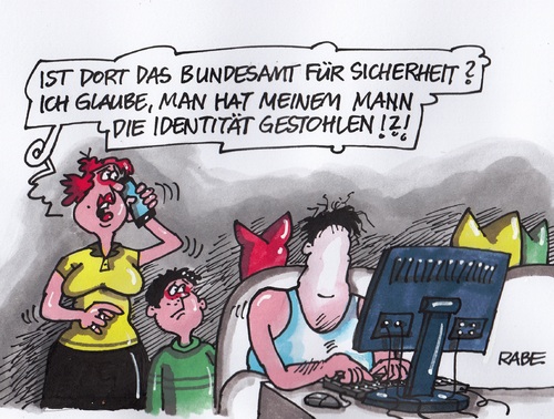 Cartoon: Identität (medium) by RABE tagged identität,identitätsverlust,bsi,bundesamt,sicherheit,computer,rechner,internet,datenklau,nsa,überwachung,geheimdienste,mail,snowden,mailadressen,internetadressen,hacker,rabe,ralf,böhme,cartoon,karikatur,pressezeichnung,farbcartoon,mann,frau,ehepaar,kind,surfer,user,identität,identitätsverlust,bsi,bundesamt,sicherheit,computer,rechner,internet,datenklau,nsa,überwachung,geheimdienste,mail,snowden,mailadressen,internetadressen,hacker,rabe,ralf,böhme,cartoon,karikatur,pressezeichnung,farbcartoon,mann,frau,ehepaar,kind,surfer,user