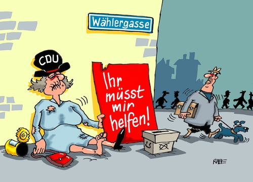 Cartoon: Ihr müsst mir helfen (medium) by RABE tagged cdu,parteitag,merkel,parteivorsitzende,kanzlerin,kanzlerkandidat,hilfe,union,beschluss,rabe,ralf,böhme,cartoon,karikatur,pressezeichnung,farbcartoon,tagescartoon,tante,fußgängerzone,wähler,wählergasse,wahlurne,cdu,parteitag,merkel,parteivorsitzende,kanzlerin,kanzlerkandidat,hilfe,union,beschluss,rabe,ralf,böhme,cartoon,karikatur,pressezeichnung,farbcartoon,tagescartoon,tante,fußgängerzone,wähler,wählergasse,wahlurne