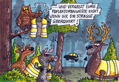 Cartoon: Illustrationsauftrag (medium) by RABE tagged wild,wildwechsel,reh,hirsch,wildschwein,hase,fuchs,autofahrer,wald,rabe,ralf,böhme,cartoon,karikatur,farbcartoon,warnweste,reflektoren,reflektorweste,dunkelheit,pkw,raser,bäume,eule,verkehrssünder,verkehrssicherheit,geschwindigkeitsanpassung,wild,wildwechsel,reh,hirsch,wildschwein,hase,fuchs,autofahrer,wald,rabe,ralf,böhme,cartoon,karikatur,farbcartoon,warnweste,reflektoren,reflektorweste,dunkelheit,pkw,raser,bäume,eule,verkehrssünder,verkehrssicherheit,geschwindigkeitsanpassung