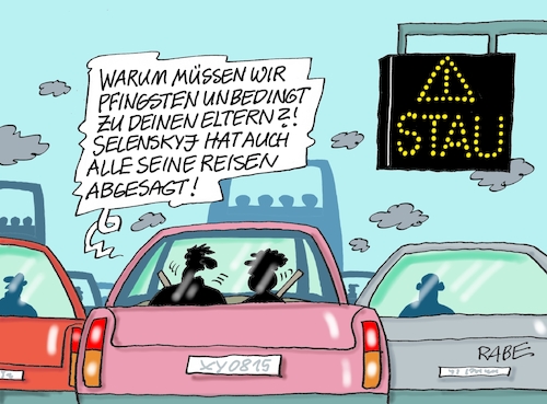 Cartoon: Im Stau (medium) by RABE tagged pfingsten,pfingstreisen,pfingstreiseverkehr,pkw,autobahn,stau,rabe,ralf,böhme,cartoon,karikatur,pressezeichnung,farbcartoon,tagescartoon,reiseverkehr,ehepaar,eltern,schwiegermutter,absage,selenskyj,ukraine,ukrainekrieg,politik,pfingsten,pfingstreisen,pfingstreiseverkehr,pkw,autobahn,stau,rabe,ralf,böhme,cartoon,karikatur,pressezeichnung,farbcartoon,tagescartoon,reiseverkehr,ehepaar,eltern,schwiegermutter,absage,selenskyj,ukraine,ukrainekrieg,politik