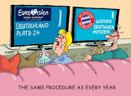 Cartoon: Immer das Gleiche (medium) by RABE tagged songkontest,israel,telaviv,esc,sieger,deutschland,rabe,ralf,böhme,cartoon,karikatur,pressezeichnung,farbcartoon,tagescartoon,schlager,fc,bayern,münchen,bundesliega,pokalsiegererste,deutscher,meister,hoeneß,fußballspieler,fußball,sieg,songkontest,israel,telaviv,esc,sieger,deutschland,rabe,ralf,böhme,cartoon,karikatur,pressezeichnung,farbcartoon,tagescartoon,schlager,fc,bayern,münchen,bundesliega,pokalsiegererste,deutscher,meister,hoeneß,fußballspieler,fußball,sieg