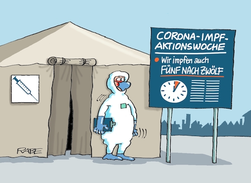 Cartoon: Impfwöchentliches (medium) by RABE tagged corona,bundländerkonferenz,merkel,kanzleramt,lockerungen,stufenplan,öffnungen,lockdown,shutdown,baumärkte,impfdosen,rki,fallzahlen,inzidenzwert,spahn,impfzentren,impfreihenfolge,notbremse,impfaktion,impfaktionswoche,impfzelt,uhr,fünf,nach,zwölf,corona,bundländerkonferenz,merkel,kanzleramt,lockerungen,stufenplan,öffnungen,lockdown,shutdown,baumärkte,impfdosen,rki,fallzahlen,inzidenzwert,spahn,impfzentren,impfreihenfolge,notbremse,impfaktion,impfaktionswoche,impfzelt,uhr,fünf,nach,zwölf