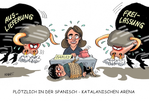 Cartoon: In der Arena (medium) by RABE tagged barley,puigdemont,spanien,katalanien,festnahme,auslieferung,freilassung,rabe,ralf,böhme,cartoon,karikatur,pressezeichnung,farbcartoon,tagescartoon,justizministerin,erlass,madrid,staatsfeind,stierkampf,arena,haftbefehl,barley,puigdemont,spanien,katalanien,festnahme,auslieferung,freilassung,rabe,ralf,böhme,cartoon,karikatur,pressezeichnung,farbcartoon,tagescartoon,justizministerin,erlass,madrid,staatsfeind,stierkampf,arena,haftbefehl