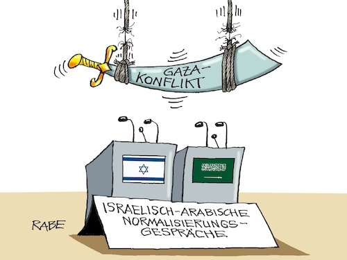 Cartoon: In der Schwebe (medium) by RABE tagged israel,nahost,konflikt,gazastreifen,palästina,hamas,saudis,verhandlungen,gespräche,rabe,ralf,böhme,cartoon,karikatur,pressezeichnung,farbcartoon,tagescartoon,rednerpilt,mikrophone,schwert,damokles,damoklesschwert,faden,seil,seide,fädchen,israel,nahost,konflikt,gazastreifen,palästina,hamas,saudis,verhandlungen,gespräche,rabe,ralf,böhme,cartoon,karikatur,pressezeichnung,farbcartoon,tagescartoon,rednerpilt,mikrophone,schwert,damokles,damoklesschwert,faden,seil,seide,fädchen