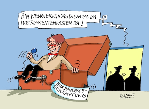 Cartoon: Instrumentarienkabinett (medium) by RABE tagged corona,bundländerkonferenz,merkel,kanzleramt,lockerungen,stufenplan,öffnungen,lockdown,shutdown,baumärkte,impfdosen,rki,fallzahlen,inzidenzwert,spahn,impfzentren,impfreihenfolge,notbremse,werkzeugkasten,instrumentenkasten,koffer,instrumentenkoffer,karl,lauterbach,spd,corona,bundländerkonferenz,merkel,kanzleramt,lockerungen,stufenplan,öffnungen,lockdown,shutdown,baumärkte,impfdosen,rki,fallzahlen,inzidenzwert,spahn,impfzentren,impfreihenfolge,notbremse,werkzeugkasten,instrumentenkasten,koffer,instrumentenkoffer,karl,lauterbach,spd