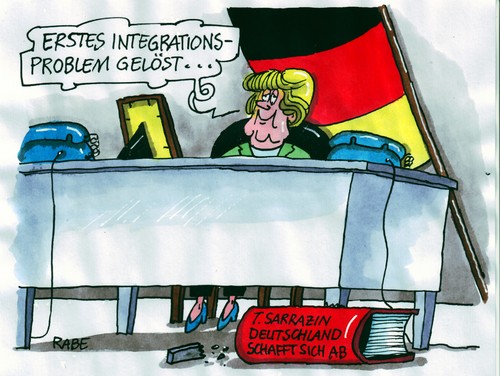 Cartoon: Integrationsproblem (medium) by RABE tagged sarrazin,merkel,integration,integrationsproblem,buch,schreibtisch,ausländer,bundeskanzlerin,krise,euro,berlin,regierungsviertel,ausländerbehörde,migration,sarrazin,angela merkel,integration,integrationsproblem,buch,schreibtisch,ausländer,bundeskanzlerin,berlin,regierungsviertel,euro,ausländerbehörde,migration,angela,merkel