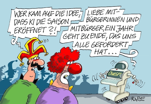 Cartoon: Intelligente Redner (medium) by RABE tagged karneval,fasching,elfter,saisonbeginn,karnevalisten,faschingssaison,karnevalssaison,narren,rabe,ralf,böhme,cartoon,karikatur,pressezeichnung,farbcartoon,tagescartoon,rechner,it,ki,roboter,chatgpt,computer,rede,neujahrsrede,kanzler,karneval,fasching,elfter,saisonbeginn,karnevalisten,faschingssaison,karnevalssaison,narren,rabe,ralf,böhme,cartoon,karikatur,pressezeichnung,farbcartoon,tagescartoon,rechner,it,ki,roboter,chatgpt,computer,rede,neujahrsrede,kanzler