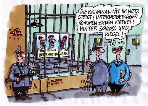 Cartoon: Internetkriminalität (medium) by RABE tagged internet,netz,datennetz,rechner,computer,festplatte,online,datenmißbrauch,verbrechen,betrüger,gauner,internetplattform,gefahr,straftaten,deutschland,innenminister,cdu,bürger,täter,dreistigkeit,ermittler,polizei,kriminalstatistik,bundesinnenminister,friedrich,csu,virtuell,kreditkartenbetrug,tatmittel,betrugsdelikt,daten,zugangsberechtigung,programm,opfer,firmen,bka,wiesbaden,provider,wirtschaft,euro,krise,staat,bankkonto,aufklärungsquote,knast,gefängnis,strafvollzug,paragraphen,justiz,richter,staatsanwalt,gefängniswärter,internet,netz,datennetz,rechner,computer,festplatte,online,datenmißbrauch,betrüger,gauner,internetplattform,gefahr,straftaten,innenminister,deutschland