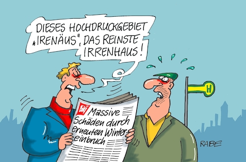 Cartoon: Irrenhaus (medium) by RABE tagged kälte,kältewelle,kältefront,polarluft,klima,rabe,ralf,böhme,cartoon,karikatur,pressezeichnung,farbcartoon,tagescartoon,spolarluft,witterung,irenäus,hochdruckgebiet,kälte,kältewelle,kältefront,polarluft,klima,rabe,ralf,böhme,cartoon,karikatur,pressezeichnung,farbcartoon,tagescartoon,spolarluft,witterung,irenäus,hochdruckgebiet