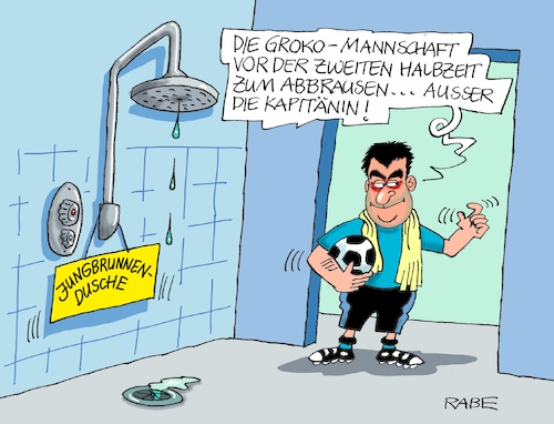 Cartoon: Jungbrunnen (medium) by RABE tagged groko,union,cdu,csu,spd,merkel,akk,berlin,bundesregierung,befragung,rabe,ralf,böhme,cartoon,karikatur,pressezeichnung,farbcartoon,tagescartoon,prügelei,halbzeit,halbzeitbilanz,dusche,jungbrunnen,fußballmannschaft,kapitänin,markus,söder,spielerwechsel,austausch,trainerwechsel,jungbrunnendusche,brause,groko,union,cdu,csu,spd,merkel,akk,berlin,bundesregierung,befragung,rabe,ralf,böhme,cartoon,karikatur,pressezeichnung,farbcartoon,tagescartoon,prügelei,halbzeit,halbzeitbilanz,dusche,jungbrunnen,fußballmannschaft,kapitänin,markus,söder,spielerwechsel,austausch,trainerwechsel,jungbrunnendusche,brause