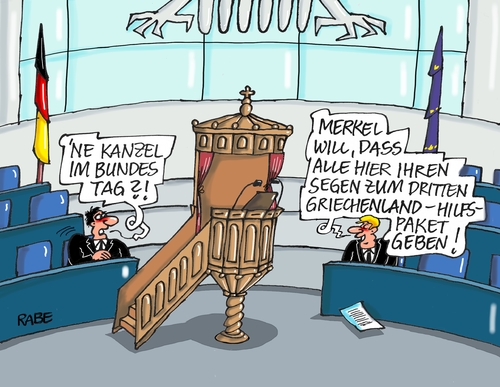 Cartoon: Kanzelkanzlerin (medium) by RABE tagged kanzlerin,merkel,cdu,kanzel,kirche,pfarrer,predigt,segen,gottesdienst,beu,euro,griechenland,athen,tsipras,hilfpaket,rettungspaket,milliarden,rabe,ralf,böhme,cartoon,karikatur,pressezeichnung,farbcartoon,tagescartoon,bundestag,abgeordnete,abstimmung,volker,kauder,bundestagsdebatte,kanzlerin,merkel,cdu,kanzel,kirche,pfarrer,predigt,segen,gottesdienst,beu,euro,griechenland,athen,tsipras,hilfpaket,rettungspaket,milliarden,rabe,ralf,böhme,cartoon,karikatur,pressezeichnung,farbcartoon,tagescartoon,bundestag,abgeordnete,abstimmung,volker,kauder,bundestagsdebatte