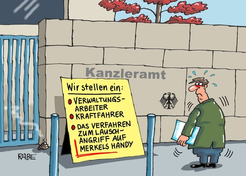 Cartoon: Kanzleramt (medium) by RABE tagged kanzlerin,bundeskanzlerin,merkel,cdu,berlin,einstellung,verwaltungsfacharbeiter,kraftfahrer,rabe,ralf,böhme,cartoon,karikatur,pressezeichnung,farbcartoon,tagescartoon,nsa,geheimdienste,usa,cia,abhörskandal,handy,smartphone,lauschangriff,datenklau,spionage,kanzlerin,bundeskanzlerin,merkel,cdu,berlin,einstellung,verwaltungsfacharbeiter,kraftfahrer,rabe,ralf,böhme,cartoon,karikatur,pressezeichnung,farbcartoon,tagescartoon,nsa,geheimdienste,usa,cia,abhörskandal,handy,smartphone,lauschangriff,datenklau,spionage