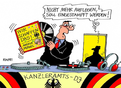 Cartoon: Kanzleramts DJ (medium) by RABE tagged merkel,kanzleramt,kanzlerin,berlin,hauptstadt,cdu,wahldebakel,rabe,ralf,böhme,cartoon,karikatur,pressezeichnung,farbcartoon,tagescartoon,dj,schallplatten,plattenteller,vinyl,flüchtlinge,flüchtlingskrise,grenzöffnung,csu,obergrenze,fehler,wir,schaffen,das,merkel,kanzleramt,kanzlerin,berlin,hauptstadt,cdu,wahldebakel,rabe,ralf,böhme,cartoon,karikatur,pressezeichnung,farbcartoon,tagescartoon,dj,schallplatten,plattenteller,vinyl,flüchtlinge,flüchtlingskrise,grenzöffnung,csu,obergrenze,fehler,wir,schaffen,das