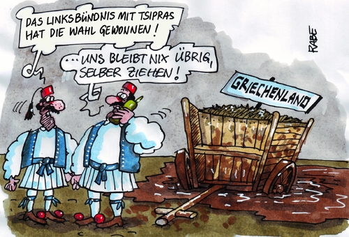 Cartoon: Karre im Dreck (medium) by RABE tagged griechenland,athen,parlamentswahlen,linksbündnis,wahlsieg,syriza,tsipras,geldgeber,schuldenschnitt,ezb,rabe,ralf,böhme,cartoon,karikatur,pressezeichnung,farbcartoon,tagescartoon,euro,eurozone,eurokrise,rettungsschirm,finanzchefs,schuldenerlass,griechenland,athen,parlamentswahlen,linksbündnis,wahlsieg,syriza,tsipras,geldgeber,schuldenschnitt,ezb,rabe,ralf,böhme,cartoon,karikatur,pressezeichnung,farbcartoon,tagescartoon,euro,eurozone,eurokrise,rettungsschirm,finanzchefs,schuldenerlass