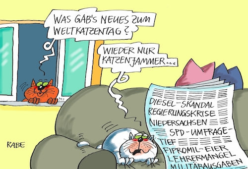 Cartoon: Katzenjammer (medium) by RABE tagged weltkatzentak,katzen,kätzchen,stubentiger,rabe,ralf,böhme,cartoon,karikatur,pressezeichnung,farbcartoon,tagescartoon,kater,couch,zeitung,katzenjammer,dieselskandal,niedersachsen,regierungskrise,umfragtief,schulz,spd,fipromil,eierskandal,lehrermangel,militärausgaben,weltkatzentak,katzen,kätzchen,stubentiger,rabe,ralf,böhme,cartoon,karikatur,pressezeichnung,farbcartoon,tagescartoon,kater,couch,zeitung,katzenjammer,dieselskandal,niedersachsen,regierungskrise,umfragtief,schulz,spd,fipromil,eierskandal,lehrermangel,militärausgaben