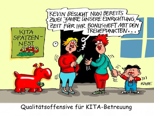 Cartoon: KITA Offensive (medium) by RABE tagged kita,qualität,qualitätsoffensive,kindergarten,kindertagesstätte,kindergärtnerin,kinder,eltern,rabe,ralf,böhme,cartoon,karikatur,pressezeichnung,farbcartoon,tagescartoon,spatzen,betreuungsangebot,treuepunkte,bonusheft,kevin,kita,qualität,qualitätsoffensive,kindergarten,kindertagesstätte,kindergärtnerin,kinder,eltern,rabe,ralf,böhme,cartoon,karikatur,pressezeichnung,farbcartoon,tagescartoon,spatzen,betreuungsangebot,treuepunkte,bonusheft,kevin