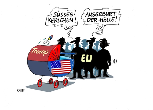 Cartoon: Kleiner Racker (medium) by RABE tagged trump,clinton,tv,duell,usa,wahlkampf,präsidentschaftskandidat,präsidentschaftswahlkampf,rabe,ralf,böhme,cartoon,karikatur,pressezeichnung,farbcartoon,tagescartoon,kinderwagen,baby,schnuller,eu,brüssel,einigung,süss,kerlchen,ausgeburt,hölle,trump,clinton,tv,duell,usa,wahlkampf,präsidentschaftskandidat,präsidentschaftswahlkampf,rabe,ralf,böhme,cartoon,karikatur,pressezeichnung,farbcartoon,tagescartoon,kinderwagen,baby,schnuller,eu,brüssel,einigung,süss,kerlchen,ausgeburt,hölle