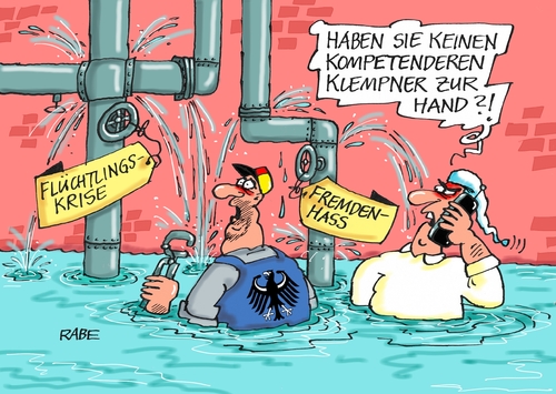 Cartoon: Klempnerei (medium) by RABE tagged merkel,kanzlerin,kanzleramt,flüchtlinge,flüchtlingskrise,rabe,ralf,böhme,cartoon,karikatur,pressezeichnung,farbcartoon,tagescartoon,eu,flüchtlingsgipfel,bedenken,verteilung,obergrenze,balkanroute,klempner,wasserrohrbruch,rechte,nazis,pegida,bautzen,clausnitz,fremdenhass,fremdenfeindlichkeit,afd,merkel,kanzlerin,kanzleramt,flüchtlinge,flüchtlingskrise,rabe,ralf,böhme,cartoon,karikatur,pressezeichnung,farbcartoon,tagescartoon,eu,flüchtlingsgipfel,bedenken,verteilung,obergrenze,balkanroute,klempner,wasserrohrbruch,rechte,nazis,pegida,bautzen,clausnitz,fremdenhass,fremdenfeindlichkeit,afd