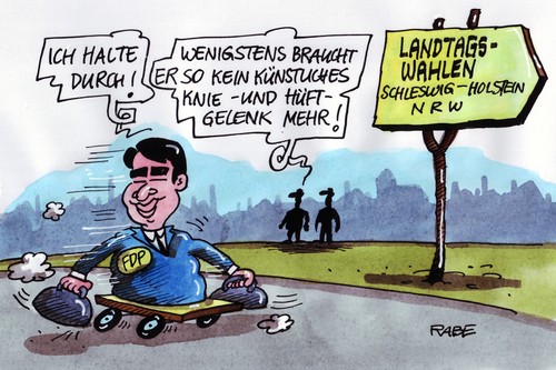 Cartoon: Kniegelenk (medium) by RABE tagged rösler,fdp,bundesregierun,schwarzgelb,koalition,liberale,lindner,bahr,gesundheitsreform,krankenkassen,hüftgelenk,hüfte,knie,kniegelenk,rentner,gesundheitsminister,barmer,aok,op,operation,ärzte,krankenhaus,wahlen,landtagswahlen,nrw,schleswigholstein,durchhalten,umfrag,umfragewerte,politbarometer,krüppel,amputation,vizekanzler,deutschlandtrend,rösler,gesundheitsreform,krankenkassen,lindner