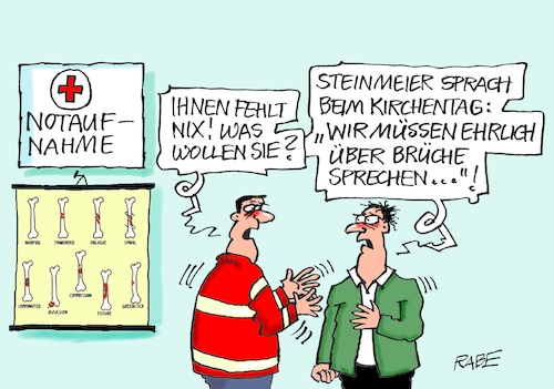 Cartoon: Knochenbrüche (medium) by RABE tagged steinmeier,bundespräsident,kirchenteg,red,rabe,ralf,böhme,cartoon,karikatur,pressezeichnung,farbcartoon,tagescartoon,brüche,bruch,notaufnahme,knochen,knochenbrüche,notarzt,weltkirchentag,pfarer,steinmeier,bundespräsident,kirchenteg,red,rabe,ralf,böhme,cartoon,karikatur,pressezeichnung,farbcartoon,tagescartoon,brüche,bruch,notaufnahme,knochen,knochenbrüche,notarzt,weltkirchentag,pfarer