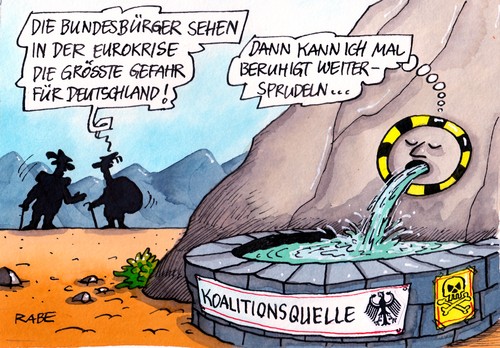 Cartoon: K.O.-Quelle (medium) by RABE tagged bundesregierung,kanzlerin,merkel,cdu,kabinett,eurokrise,schuldenkriese,austritt,ausstieg,ausstiegsszenario,griechenland,athen,rettungsschirm,fiskalpakt,arschtriit,fdp,koalition,schuldenschnitt,eurobonds,stabilitätspakt,bürger,steuerzahler,bundesbürger,quelle,sprudel,brunnen,wasser,gift,brunnenvergifter,koalitionspartner,gefahrenquelle,deutschland,merkel,bundesregierung,kanzlerin,eurokrise,schuldenkriese,austritt