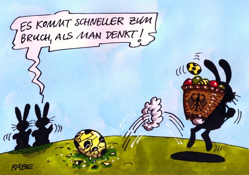 Cartoon: Koalitionsbruch (medium) by RABE tagged bundesregierung,berlin,merkel,kanzlerin,cdu,fdp,liberale,schwarzgelb,koalition,koalitionsbruch,rösler,csu,linke,grüne,spd,rote,piraten,piratenpartei,ostern,osterhase,hase,hoppel,osterei,osterkorb,eierschalen,bruch,kaputt,bundesregierung,fdp,cdu,liberale,koalition,rösler