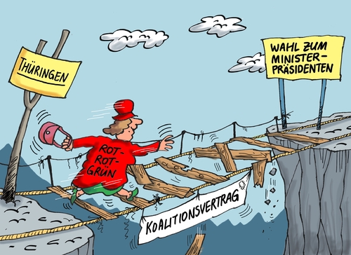 Cartoon: Koalitionsvetrag (medium) by RABE tagged lieberknecht,thüringen,neuwahlen,cdu,linke,ramelow,grüne,sondierung,rabe,ralf,böhme,cartoon,karikatur,pressezeichnung,farbcartoon,tagescartoon,bausewein,spd,koalition,koalitionsvetrag,brücke,schwebe,ministerpräsidentenwahl,bodo,hängebrücke,lieberknecht,thüringen,neuwahlen,cdu,linke,ramelow,grüne,sondierung,rabe,ralf,böhme,cartoon,karikatur,pressezeichnung,farbcartoon,tagescartoon,bausewein,spd,koalition,koalitionsvetrag,brücke,schwebe,ministerpräsidentenwahl,bodo,hängebrücke