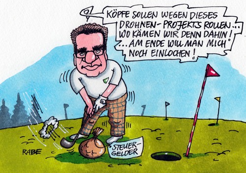 Cartoon: Köpfe rollen (medium) by RABE tagged drohnenprojekt,eurohawk,bundesverteidigungsminister,cdu,de,maiziere,thomas,bundeswehr,kampfdrohne,drohne,golf,golfplatz,golfball,steuerzahler,steuergelder,euro,rabe,ralf,böhme,cartoon,karikatru,pressezeichnung,farbcartoon,golfschläger,bundesrechnungshof,debakel,verteidigungsminister,konsequenzen,köpfe,rollen,geheimhaltung,aufklärungsdrohne,schwärzen,verteidigungsausschuss,fehlinvestition,luftraum,drohnenprojekt,eurohawk,bundesverteidigungsminister,cdu,de,maiziere,thomas,bundeswehr,kampfdrohne,drohne,golf,golfplatz,golfball,steuerzahler,steuergelder,euro,rabe,ralf,böhme,cartoon,karikatru,pressezeichnung,farbcartoon,golfschläger,bundesrechnungshof,debakel,verteidigungsminister,konsequenzen,köpfe,rollen,geheimhaltung,aufklärungsdrohne,schwärzen,verteidigungsausschuss,fehlinvestition,luftraum