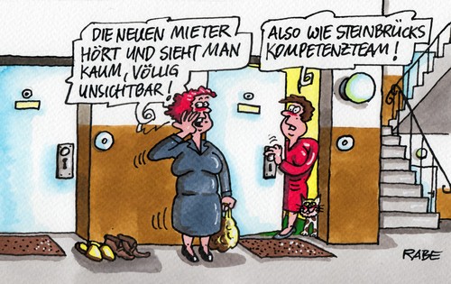 Cartoon: Kompetenzteam (medium) by RABE tagged kompetenzteam,spd,steinbrück,peer,steinmeier,bundestagswahl,wahlkampf,wahlkampftour,wahlsieger,kanzlerkandidat,wähler,rabe,ralf,böhme,cartoon,karikatur,pressezeichnung,farbcartoon,mieter,mietshaus,unsichtbar,treppenhaus,frauen,katze,hausflur,wahlprognose,gabriel,herausforder,merkel,kanzlerin,wahlsonntag,opposition,rot,grün,rotgrün,koalition,kompetenzteam,spd,steinbrück,peer,steinmeier,bundestagswahl,wahlkampf,wahlkampftour,wahlsieger,kanzlerkandidat,wähler,rabe,ralf,böhme,cartoon,karikatur,pressezeichnung,farbcartoon,mieter,mietshaus,unsichtbar,treppenhaus,frauen,katze,hausflur,wahlprognose,gabriel,herausforder,merkel,kanzlerin,wahlsonntag,opposition,rot,grün,rotgrün,koalition