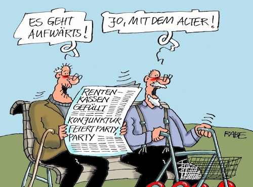 Cartoon: Konjunktur (medium) by RABE tagged aufschwung,konjunktur,rente,mehreinnehmen,milliarden,rabe,ralf,böhme,cartoon,karikatur,pressezeichnung,farbcartoon,tagescarttoon,rentner,rollator,bank,alter,älterwerden,party,aufschwung,konjunktur,rente,mehreinnehmen,milliarden,rabe,ralf,böhme,cartoon,karikatur,pressezeichnung,farbcartoon,tagescarttoon,rentner,rollator,bank,alter,älterwerden,party