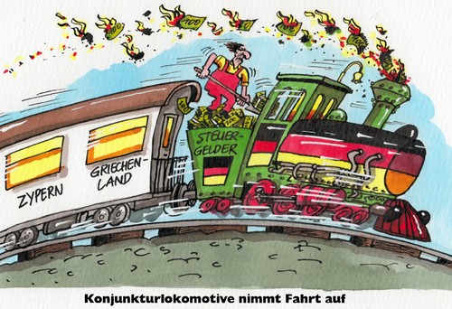 Cartoon: Konjunkturlokomotive (medium) by RABE tagged aufschwung,konjunktur,euro,eu,wirtschaftsforschung,europa,bruttoinlandsprodukt,wachstum,arbeitsmarkt,euroraum,wirtschaftsleistung,eurozone,krise,rabe,ralf,böhme,cartoon,karikatur,lokomotive,gleise,fahrt,steuergelder,kessel,heizen,verheizen,kohle,wagon,zypern,griechenland,rettungspaket,hilfspaket,schulden,schuldenkrise,aufschwung,konjunktur,euro,eu,wirtschaftsforschung,europa,bruttoinlandsprodukt,wachstum,arbeitsmarkt,euroraum,wirtschaftsleistung,eurozone,krise,rabe,ralf,böhme,cartoon,karikatur,lokomotive,gleise,fahrt,steuergelder,kessel,heizen,verheizen,kohle,wagon,zypern,griechenland,rettungspaket,hilfspaket,schulden,schuldenkrise