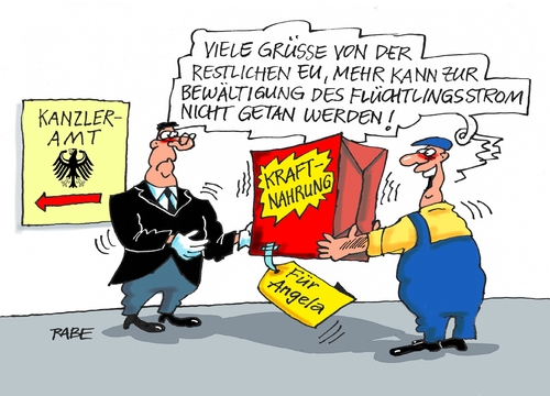 Cartoon: Kraftfutter (medium) by RABE tagged flüchtlingsdrama,mittelmeer,flüchtlinge,bootpeople,schlepper,schleuser,rabe,ralf,böhme,cartoon,karikatur,pressezeichnung,farbcartoon,tagescartoon,eu,europa,flüchtlingspolitik,merkel,kanzlerin,deutschland,kraftfutter,kraftnahrung,quotenregelung,flüchtlingsaufnahme,flüchtlingsunterkunft,willkommenskultur,flüchtlingsheime,orban,ungarn,bayern,seehofer,kanzleramt,unterstützung,flüchtlingsdrama,mittelmeer,flüchtlinge,bootpeople,schlepper,schleuser,rabe,ralf,böhme,cartoon,karikatur,pressezeichnung,farbcartoon,tagescartoon,eu,europa,flüchtlingspolitik,merkel,kanzlerin,deutschland,kraftfutter,kraftnahrung,quotenregelung,flüchtlingsaufnahme,flüchtlingsunterkunft,willkommenskultur,flüchtlingsheime,orban,ungarn,bayern,seehofer,kanzleramt,unterstützung