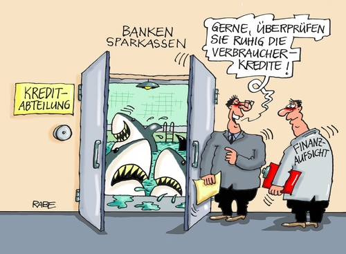 Cartoon: Kredithaie (medium) by RABE tagged banken,sparkassen,kredit,kreditabteilung,kredithaie,rabe,ralf,böhme,cartoon,karikatur,pressezeichnung,farbcartoon,tagescartoon,finanzaufsicht,bafin,verbraucher,vervraucherkredite,benachteiligung,finanzminister,haifische,haifischbecken,abzocke,banken,sparkassen,kredit,kreditabteilung,kredithaie,rabe,ralf,böhme,cartoon,karikatur,pressezeichnung,farbcartoon,tagescartoon,finanzaufsicht,bafin,verbraucher,vervraucherkredite,benachteiligung,finanzminister,haifische,haifischbecken,abzocke