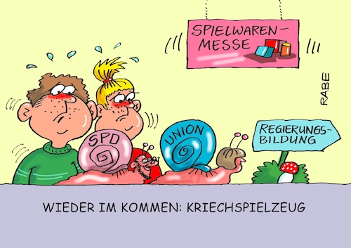 Cartoon: Kriechgefahr (medium) by RABE tagged sonderparteitag,spd,martin,schulz,ja,groko,koalitionsverhandlungen,rabe,ralf,böhme,cartoon,karikatur,pressezeichnung,farbcartoon,tagescartoon,merkel,union,koalitionsgespräche,nachbesserungen,spielwaren,spielzeugmesse,nürnberg,kriechspielzeug,kriegsspielzeug,schnecken,schneckentempo,kinder,regierungsbildung,mädchen,jungen,sonderparteitag,spd,martin,schulz,ja,groko,koalitionsverhandlungen,rabe,ralf,böhme,cartoon,karikatur,pressezeichnung,farbcartoon,tagescartoon,merkel,union,koalitionsgespräche,nachbesserungen,spielwaren,spielzeugmesse,nürnberg,kriechspielzeug,kriegsspielzeug,schnecken,schneckentempo,kinder,regierungsbildung,mädchen,jungen