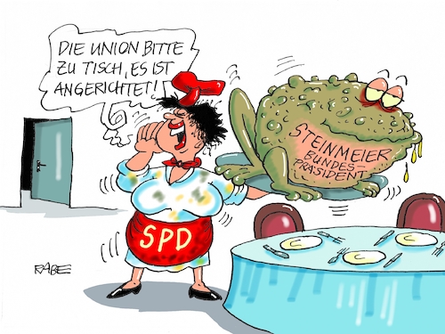 Cartoon: Krötenschlucken (medium) by RABE tagged bundespräsident,bundespräsidentenwahl,steinmeier,gauck,spd,rabe,ralf,böhme,cartoon,karikatur,pressezeichnung,farbcartoon,tagescartoon,bundesrat,wahlmänner,wahlfrauen,koch,köchin,kröte,schlucken,linke,grüne,piraten,bellevue,schloß,bundesversammlung,sozialdemokrat,bundespräsident,bundespräsidentenwahl,steinmeier,gauck,spd,rabe,ralf,böhme,cartoon,karikatur,pressezeichnung,farbcartoon,tagescartoon,bundesrat,wahlmänner,wahlfrauen,koch,köchin,kröte,schlucken,linke,grüne,piraten,bellevue,schloß,bundesversammlung,sozialdemokrat