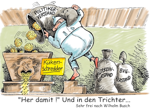 Cartoon: Kükenschredderei (medium) by RABE tagged klöckner,agrarministerin,schweine,tiere,tierwohl,rabe,ralf,böhme,cartoon,karikatur,pressezeichnung,farbcartoon,tagescartoon,stall,tiertransporter,tierschutz,verbraucher,küken,kükentötung,kükenschredderei,tötung,männchen,hähnchen,brütereien,bvg,politiker,entscheidung,zulässigkeit,legehennen,legehennenbatterien,klöckner,agrarministerin,schweine,tiere,tierwohl,rabe,ralf,böhme,cartoon,karikatur,pressezeichnung,farbcartoon,tagescartoon,stall,tiertransporter,tierschutz,verbraucher,küken,kükentötung,kükenschredderei,tötung,männchen,hähnchen,brütereien,bvg,politiker,entscheidung,zulässigkeit,legehennen,legehennenbatterien