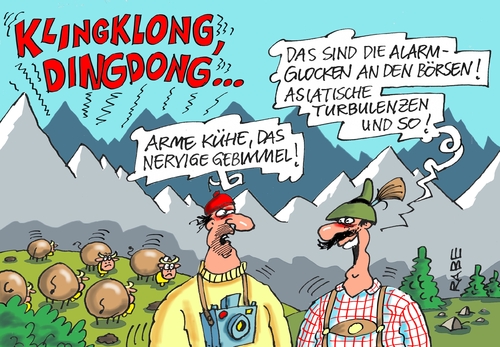 Cartoon: Kuhglocken (medium) by RABE tagged börse,turbulenzen,anleger,dax,einbruch,wertpapiere,fall,verluste,kurseinbruch,spekulanten,china,asien,rabe,ralf,böhme,cartoon,karikatur,pressezeichnung,farbcartoon,tagescartoon,alpen,berge,kühe,glocken,kuhglocken,tierschützer,bergwiesen,navi,alm,almbauern,börse,turbulenzen,anleger,dax,einbruch,wertpapiere,fall,verluste,kurseinbruch,spekulanten,china,asien,rabe,ralf,böhme,cartoon,karikatur,pressezeichnung,farbcartoon,tagescartoon,alpen,berge,kühe,glocken,kuhglocken,tierschützer,bergwiesen,navi,alm,almbauern