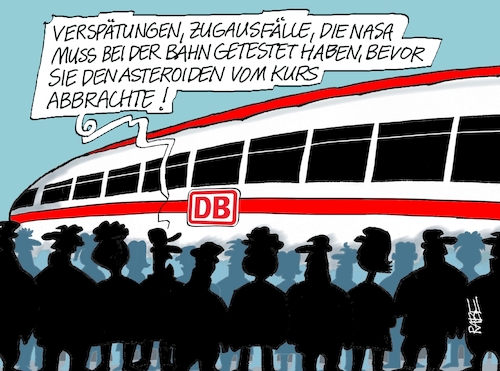 Cartoon: Kursabweichung (medium) by RABE tagged db,deutsche,bahn,zugausfälle,verspätungen,umleitungen,bahnkunden,fahrplan,bahnsteig,ice,rabe,ralf,böhme,cartoon,karikatur,pressezeichnung,farbcartoon,tagescartoon,nasa,usa,houston,weltraumbehörde,raumfahrtbehörde,tests,kurs,kursabweichung,kursabbringung,raketen,geschosse,asteroid,asteroiden,meteorit,all,db,deutsche,bahn,zugausfälle,verspätungen,umleitungen,bahnkunden,fahrplan,bahnsteig,ice,rabe,ralf,böhme,cartoon,karikatur,pressezeichnung,farbcartoon,tagescartoon,nasa,usa,houston,weltraumbehörde,raumfahrtbehörde,tests,kurs,kursabweichung,kursabbringung,raketen,geschosse,asteroid,asteroiden,meteorit,all