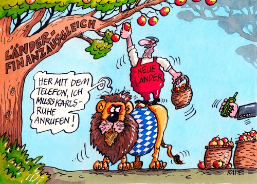 Cartoon: Länderfinanzausgleich (medium) by RABE tagged länderfinanzausgleich,geberländer,nehmerländer,bundesländer,bayern,hessen,seehofer,csu,euro,ostländer,westdeutschland,ostdeutschland,wessi,ossi,bayernlöwe,löwe,ernte,obst,äpfel,obstkorb,korb,klage,lösung,kabinett,finanzausgleich,krise,schulden,schuldenlast,neuregelung,verfassungsklage,ausgleichssumme,hauptlast,ministerpräsident,regierungsschefs,länderfinanzausgleich,geberländer,nehmerländer,bundesländer,bayern,hessen,seehofer,csu,euro