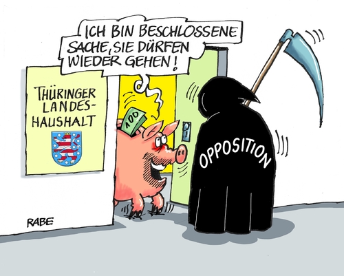 Cartoon: Landeshaushalt (medium) by RABE tagged ramelow,mohring,thüringen,landtag,debatte,cdu,linke,erfurt,rabe,ralf,böhme,cartoon,karikatur,pressezeichnung,farbcartoon,tagescartoon,modehaute,couture,modepuppe,kleider,kommunen,städte,gemeinden,landeshaushalt,beschluss,haushaltskasse,sparen,sparschwein,sensenmann,ramelow,mohring,thüringen,landtag,debatte,cdu,linke,erfurt,rabe,ralf,böhme,cartoon,karikatur,pressezeichnung,farbcartoon,tagescartoon,modehaute,couture,modepuppe,kleider,kommunen,städte,gemeinden,landeshaushalt,beschluss,haushaltskasse,sparen,sparschwein,sensenmann