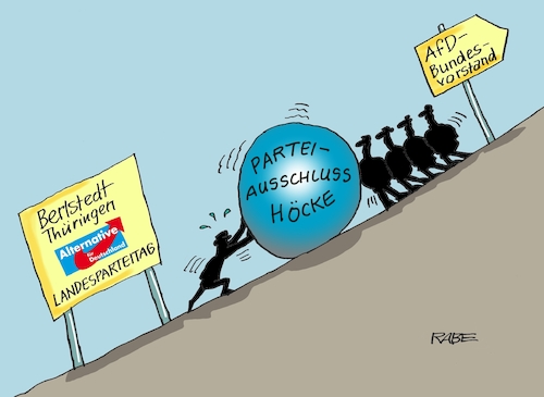 Cartoon: Landesparteitag AfD (medium) by RABE tagged höcke,afd,thüringen,fremdenfeindlich,rechts,nazi,rabe,ralf,böhme,cartoon,karikatur,pressezeichnung,farbcartoon,tagescartoon,landesparteitag,berlstedt,parteiauschluss,bundesvorstand,köln,bundesparteitag,hausverbot,rede,dresden,fremdenfeindlichkeit,sisyphus,höcke,afd,thüringen,fremdenfeindlich,rechts,nazi,rabe,ralf,böhme,cartoon,karikatur,pressezeichnung,farbcartoon,tagescartoon,landesparteitag,berlstedt,parteiauschluss,bundesvorstand,köln,bundesparteitag,hausverbot,rede,dresden,fremdenfeindlichkeit,sisyphus