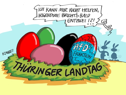 Cartoon: Landtagseier (medium) by RABE tagged afd,alternative,für,deutschland,cdu,bundesparteitag,merkel,thüringen,mohring,rabe,ralf,böhme,cartoon,karikatur,pressezeichnung,farbcartoon,tagescartoon,abgrenzung,rechts,rechtslastig,landtagsfraktion,linke,rot,grün,bruch,osternest,ostereier,zersplitterung,kaputt,afd,alternative,für,deutschland,cdu,bundesparteitag,merkel,thüringen,mohring,rabe,ralf,böhme,cartoon,karikatur,pressezeichnung,farbcartoon,tagescartoon,abgrenzung,rechts,rechtslastig,landtagsfraktion,linke,rot,grün,bruch,osternest,ostereier,zersplitterung,kaputt