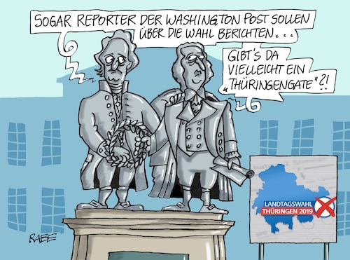 Cartoon: Landtagswahl Thüringen (medium) by RABE tagged landtagswahlen,wahlergebnisse,sachsen,brandenburg,groko,spd,cdu,rabe,ralf,böhme,cartoon,karikatur,pressezeichnung,farbcartoon,tagescartoon,arzt,doktor,csu,afd,verluste,rechte,populismus,thüringen,erfurt,ramelow,linke,mohring,stimmauszählung,minderheitsregierung,goethe,schiller,denkmal,weimar,washington,post,watergate,thüringengate,landtagswahlen,wahlergebnisse,sachsen,brandenburg,groko,spd,cdu,rabe,ralf,böhme,cartoon,karikatur,pressezeichnung,farbcartoon,tagescartoon,arzt,doktor,csu,afd,verluste,rechte,populismus,thüringen,erfurt,ramelow,linke,mohring,stimmauszählung,minderheitsregierung,goethe,schiller,denkmal,weimar,washington,post,watergate,thüringengate