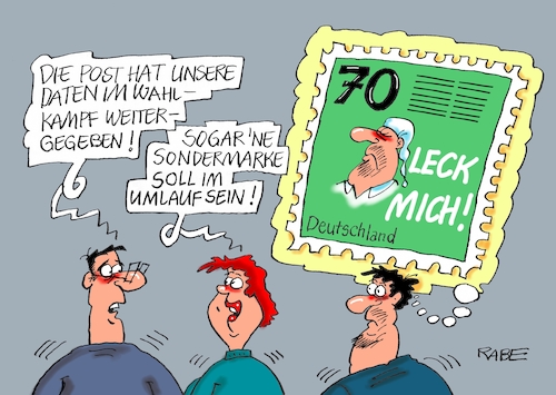 Cartoon: Leck mich (medium) by RABE tagged sonderparteitag,spd,martin,schulz,ja,groko,koalitionsverhandlungen,rabe,ralf,böhme,cartoon,karikatur,pressezeichnung,farbcartoon,tagescartoon,merkel,union,koalitionsgespräche,wahlkampf,bundestagswahlkampf,post,postagentur,kunden,kundendaten,datenmißbrauch,datenweitergabe,internet,facebook,cdu,fdp,postkunden,postdaten,arschlecken,briefmarken,porto,sonderparteitag,spd,martin,schulz,ja,groko,koalitionsverhandlungen,rabe,ralf,böhme,cartoon,karikatur,pressezeichnung,farbcartoon,tagescartoon,merkel,union,koalitionsgespräche,wahlkampf,bundestagswahlkampf,post,postagentur,kunden,kundendaten,datenmißbrauch,datenweitergabe,internet,facebook,cdu,fdp,postkunden,postdaten,arschlecken,briefmarken,porto