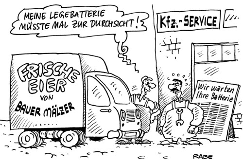 Cartoon: Legebatterie (medium) by RABE tagged ostern,osterei,osterhase,legebatterie,hühnerstall,massentierhaltung,kücken,eierschale,ostergras,bauer,bauernhof,stall,durchsicht,männer,kfz,werkstatt,reparatur,service,auto,pkw,lieferwagen,bioprodukt,ököeier,dioxin,autobatterie,batterie,schraubenschlussel,wartung,motorhaube,vertragswerkstatt,check,ostern,osterei,osterhase,legebatterie,hühnerstall,massentierhaltung,kücken,eierschale,ostergras,bauer,bauernhof,stall,männer,kfz,werkstatt,service,auto,lieferwagen,bioprodukt