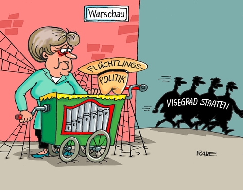 Cartoon: Leierkastenfrau (medium) by RABE tagged merkel,kanzlerin,eu,eurostaaten,flüchtlinge,flüchtlingskrise,zusammenhalt,prag,warschau,orban,tschechien,rabe,ralf,böhme,cartoon,karikatur,poressezeichnung,farbcartoon,tagescartoon,leierkasten,hut,flüchtlingspolitik,visegradstaaten,spinnennetze,merkel,kanzlerin,eu,eurostaaten,flüchtlinge,flüchtlingskrise,zusammenhalt,prag,warschau,orban,tschechien,rabe,ralf,böhme,cartoon,karikatur,poressezeichnung,farbcartoon,tagescartoon,leierkasten,hut,flüchtlingspolitik,visegradstaaten,spinnennetze