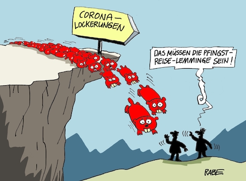 Cartoon: Lemmingflut (medium) by RABE tagged virus,corona,pandemie,coronakrise,rabe,ralf,böhme,cartoon,karikatur,pressezeichnung,farbcartoon,tagescartoon,viren,virenschutz,mundschutz,desinfektion,föderal,föderalismus,ländersache,lockerungen,reisewelle,pfingsten,autobahnen,pfingstreiseverkehr,virus,corona,pandemie,coronakrise,rabe,ralf,böhme,cartoon,karikatur,pressezeichnung,farbcartoon,tagescartoon,viren,virenschutz,mundschutz,desinfektion,föderal,föderalismus,ländersache,lockerungen,reisewelle,pfingsten,autobahnen,pfingstreiseverkehr