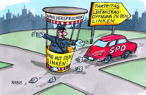 Cartoon: Linksverkehr (medium) by RABE tagged spd,parteitag,leipzig,linke,pds,gysi,ausschließeritis,rot,rotrot,gabriel,sed,ddr,rabe,ralf,böhme,cartoon,karikatur,pressezeichnung,farbcartoon,straße,polizist,straßenkreuzung,straßenverkehr,linksverkehr,pkw,kraftfahrer,verkehrszeichen,linksöffnung,bundestagswahl,reformpartei,leitantrag,kipping,sozialdemokraten,spd,parteitag,leipzig,linke,pds,gysi,ausschließeritis,rot,rotrot,gabriel,sed,ddr,rabe,ralf,böhme,cartoon,karikatur,pressezeichnung,farbcartoon,straße,polizist,straßenkreuzung,straßenverkehr,linksverkehr,pkw,kraftfahrer,verkehrszeichen,linksöffnung,bundestagswahl,reformpartei,leitantrag,kipping,sozialdemokraten